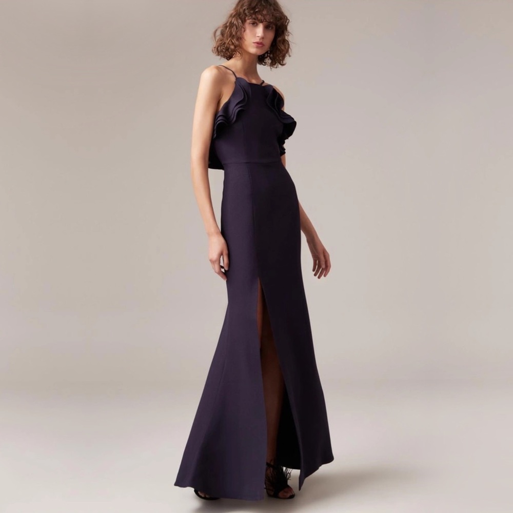 c/meo collective  outline ruffle halter full length crepe gown in navy, size s